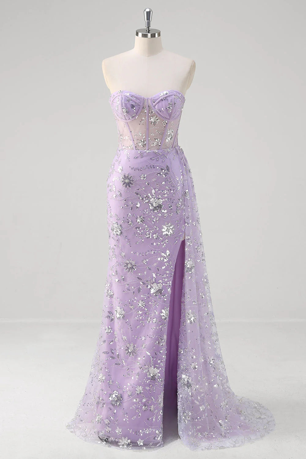 Glitter Light Purple Mermaid Sweetheart Sequin Corset Long Prom Dress With Slit