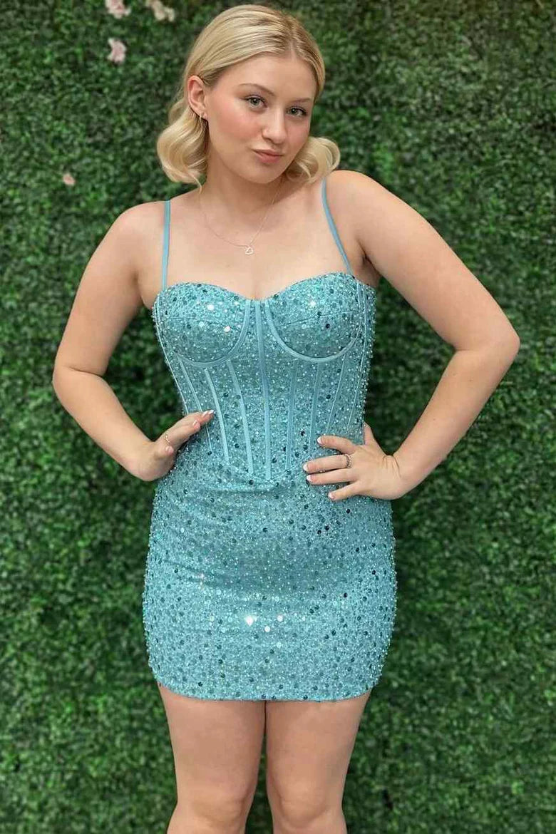 Glitter Spaghetti Straps Sweetheart Tight Homecoming Dress with Sequins