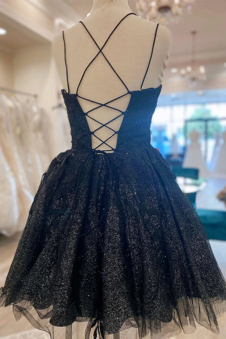 Glitter Appliques Lace-Up A-Line Short Homecoming Dress