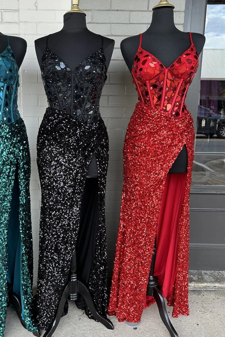 Glitter cut glass mirror long with slit ball gown