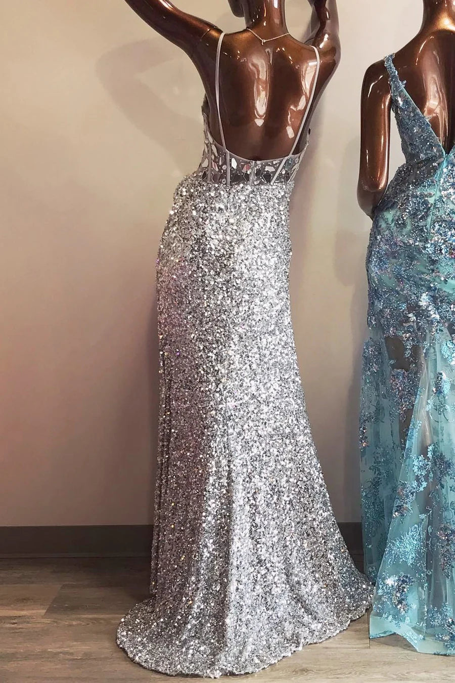 Glitter cut glass mirror long with slit ball gown