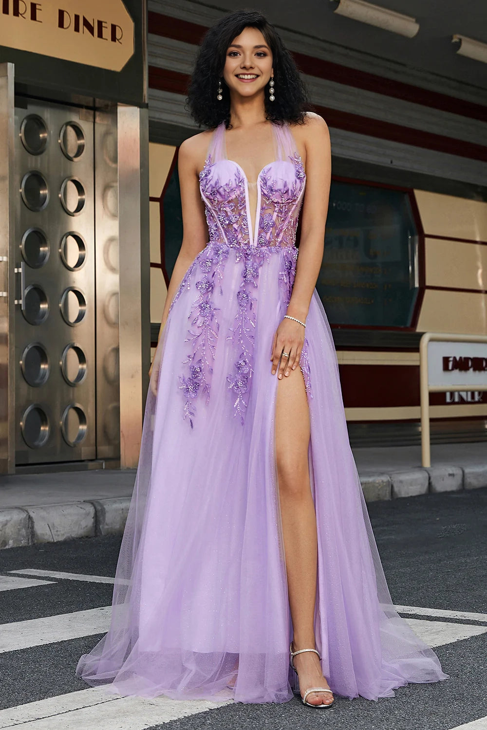 Gorgeous Grey Purple A Line Halter Neck Corset Prom Dress with Slit