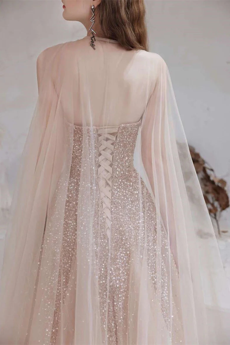 Gradient Rose Gold Tulle Strapless Prom Gown with Cape