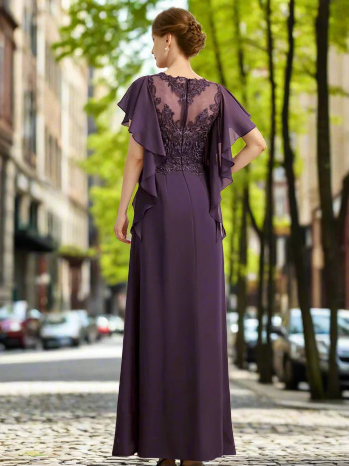Grape Chiffon Mother of The Bride Dresses with Lace Appliques
