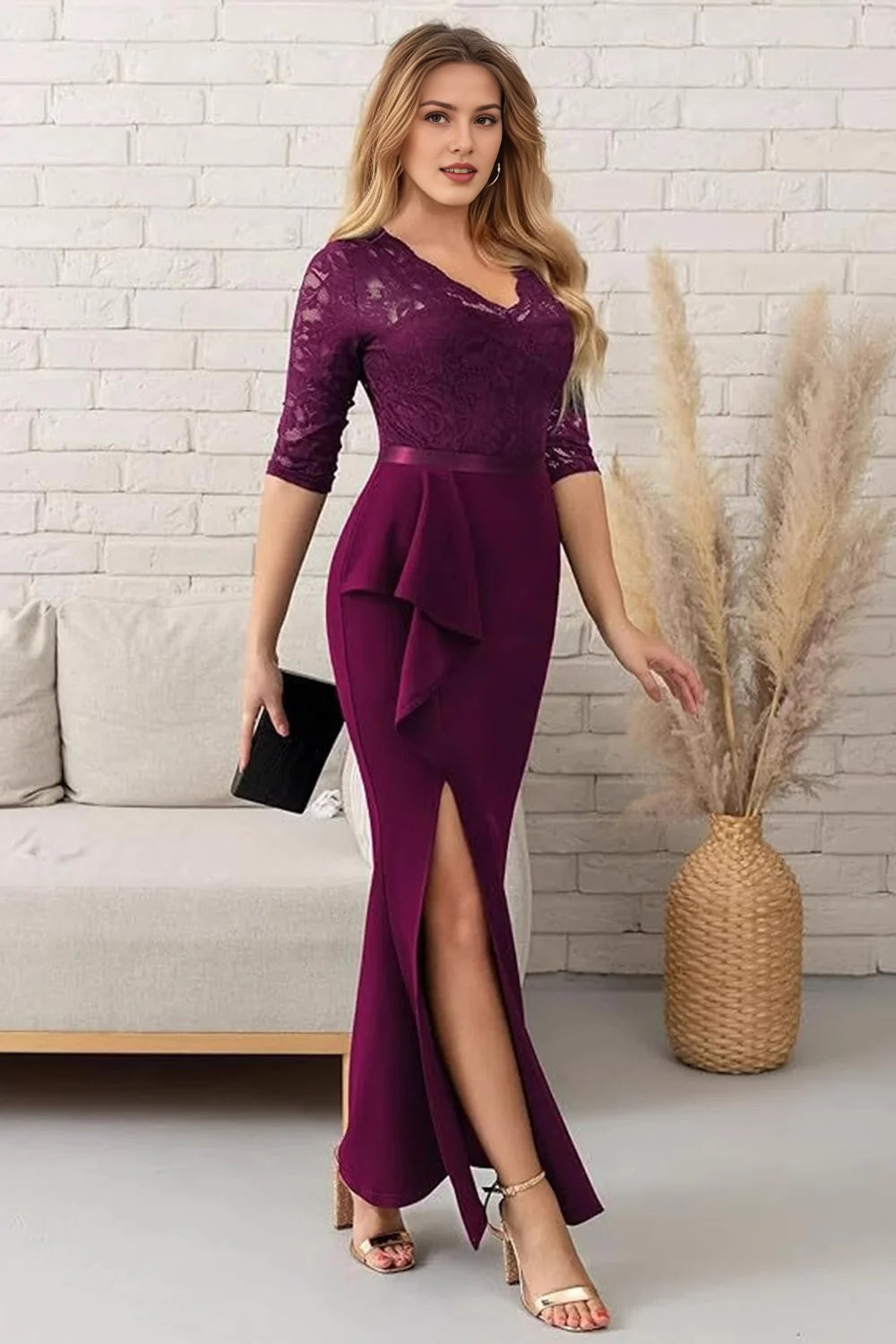 Grape Sheath Appliques Long Mother Of The Bride Dress