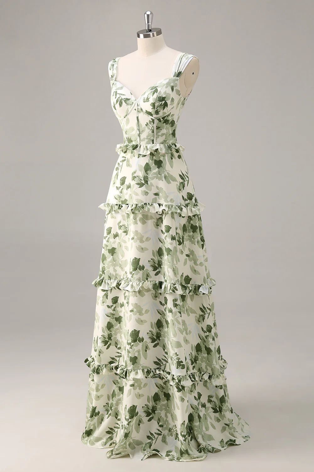 Green Flower A Line Corset Tiered Floor Length Dress with Lace Up Back