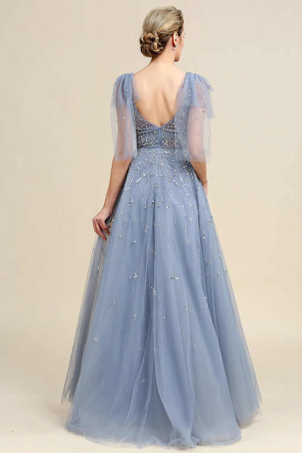 Grey Blue A Line Beading Glitter Mother of Bride Dress