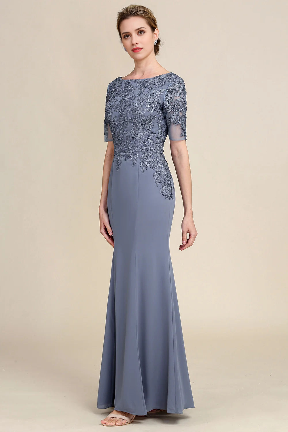Grey Blue Mermaid Floor Length Chiffon Mother of Bride Dress With Appliques