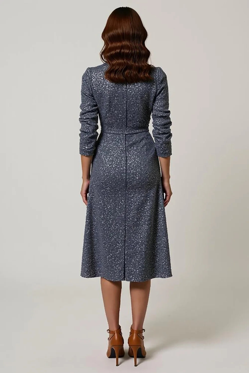 Grey Blue Sparkly V Neck A Line Tea Length Mother Dress
