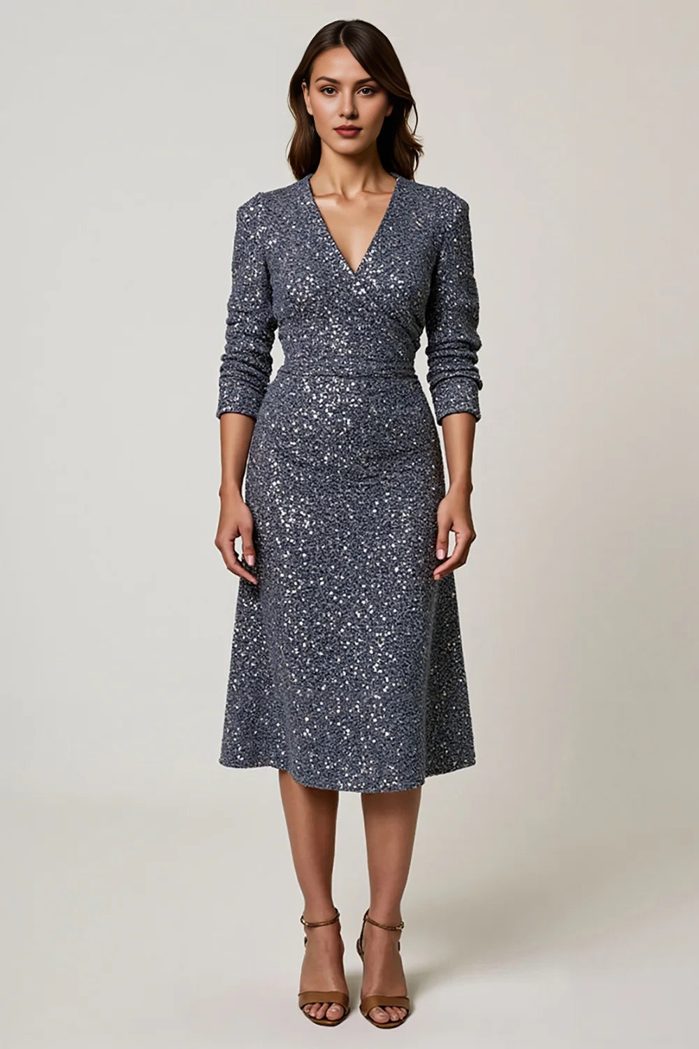 Grey Blue Sparkly V Neck A Line Tea Length Mother Dress