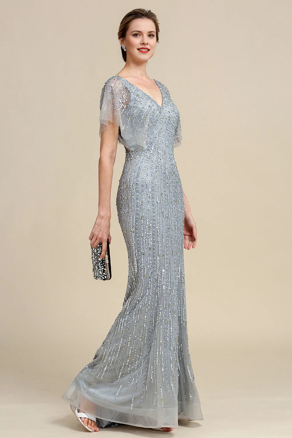 Grey Mermaid Beading Long Mother of Bride Dress