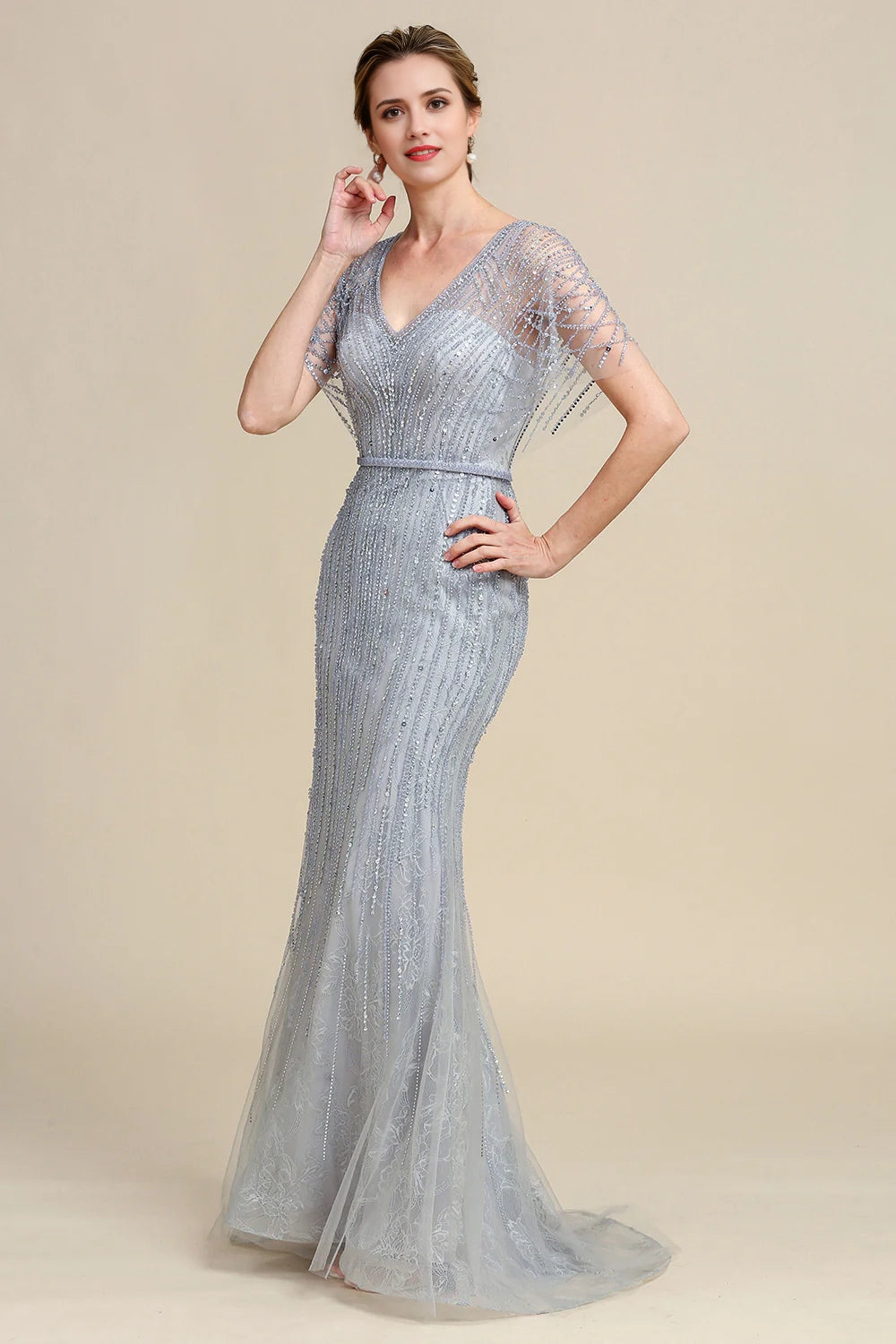 Grey Mermaid Beading V-neck Glitter Mother of Bride Dress