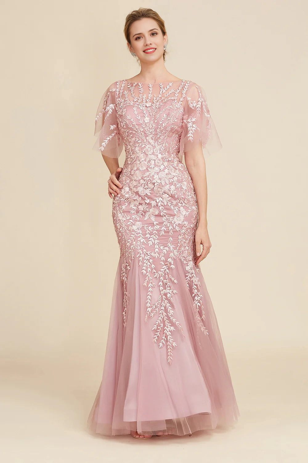 Grey Pink Mermaid Tulle Mother of the Bride Dress with Lace