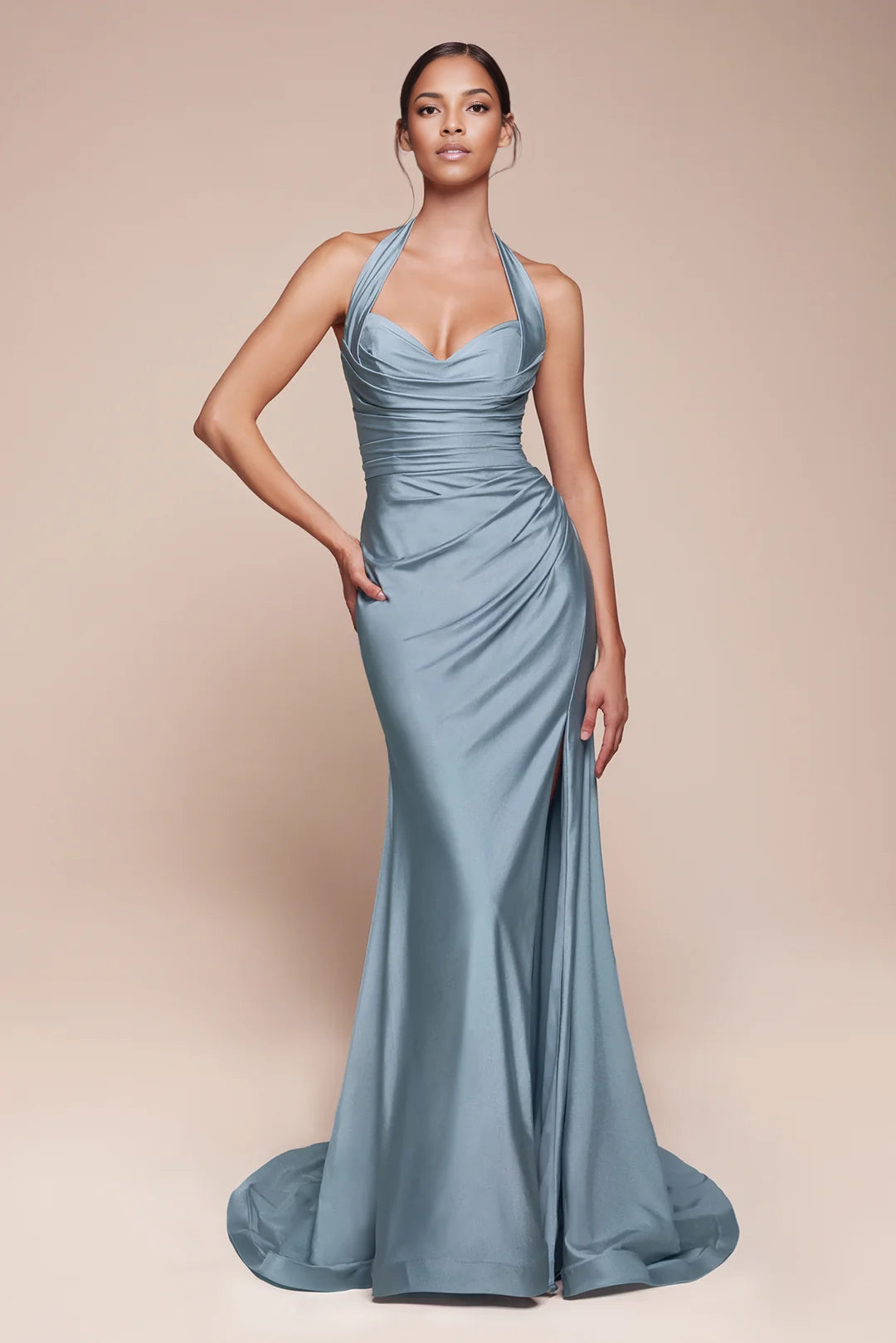 Hanging neck backless mermaid side slit dress