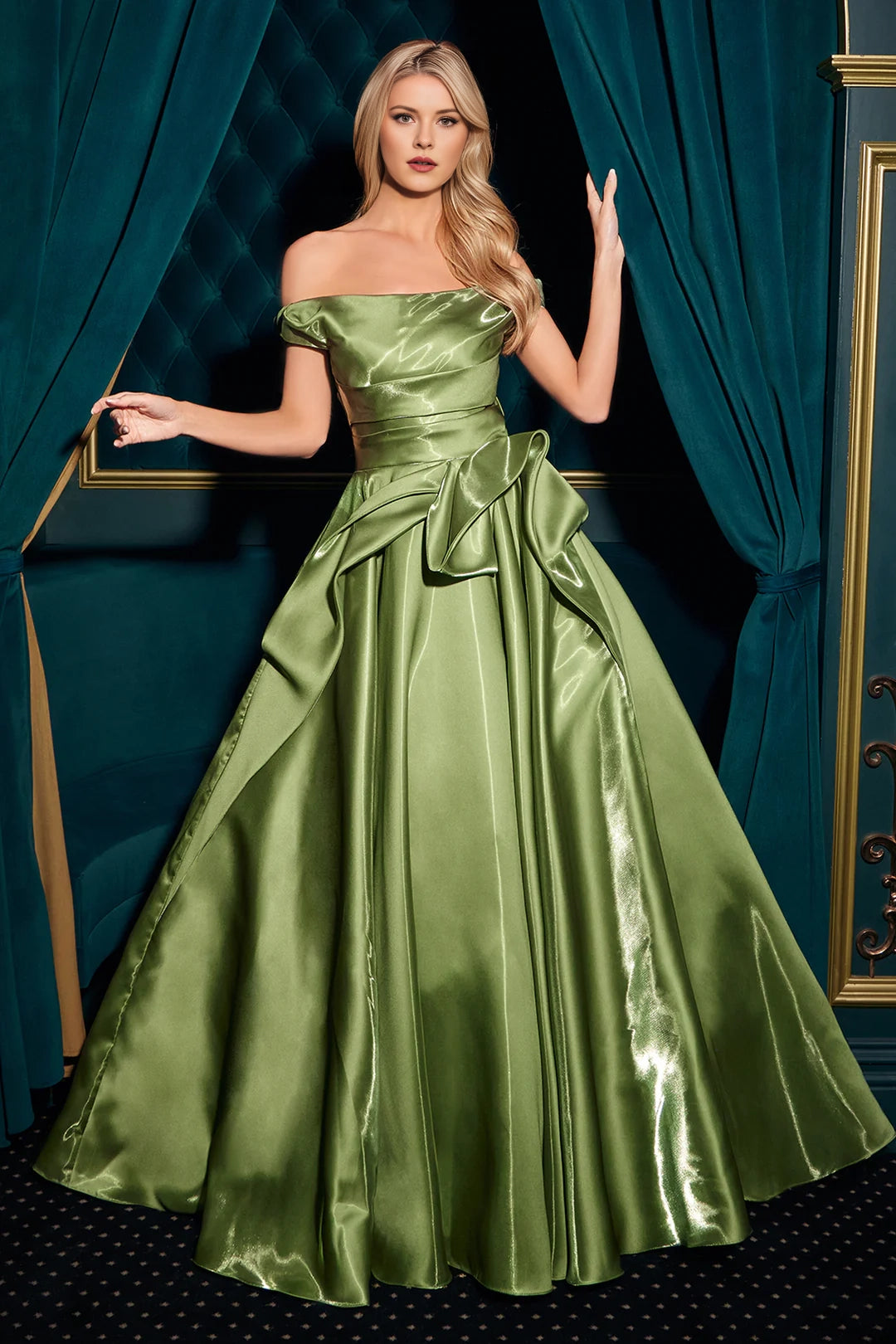 Hard chiffon off shoulder A-line dress with oversized hem