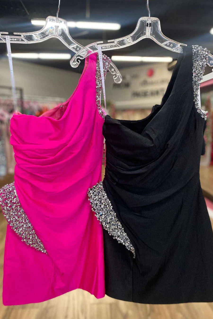Hot Pink One-Shoulder Beaded Bodycon Short Party Dress
