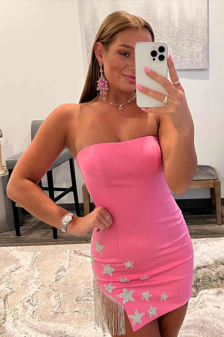 Hot Pink Strapless Beaded Stars Short Homecoming Dress