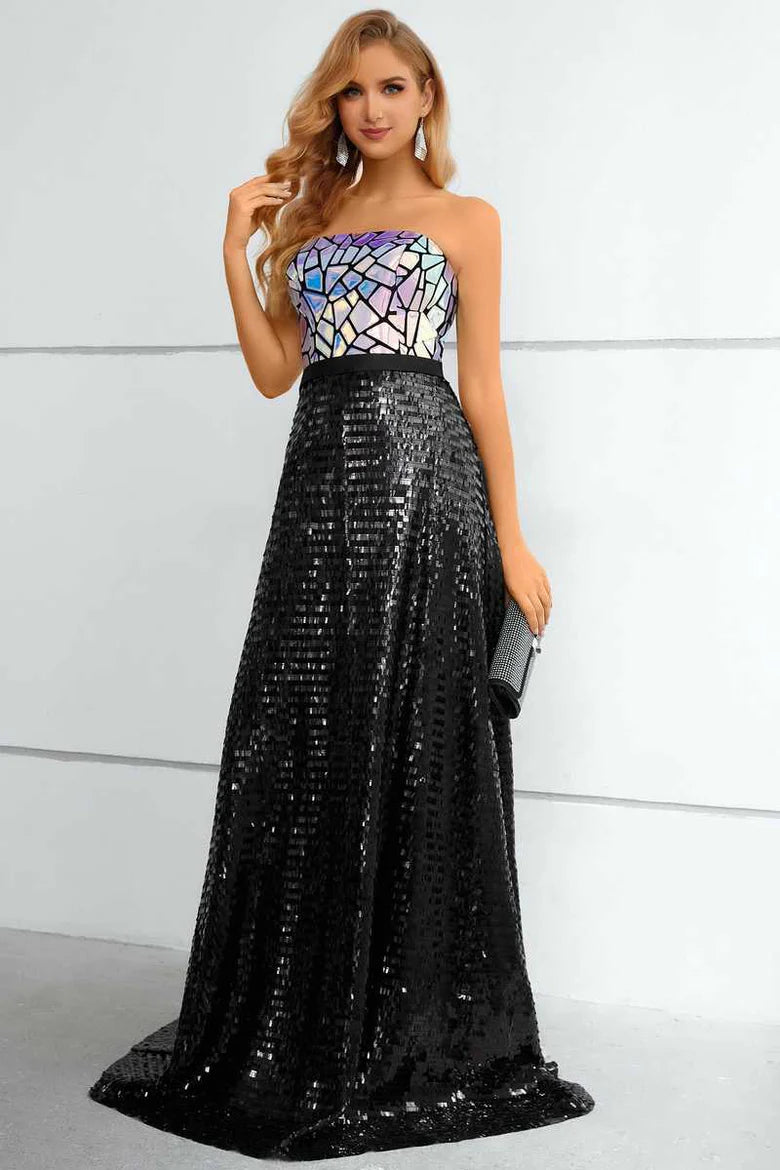 Iridescent Sequin Strapless A-Line Prom Dress