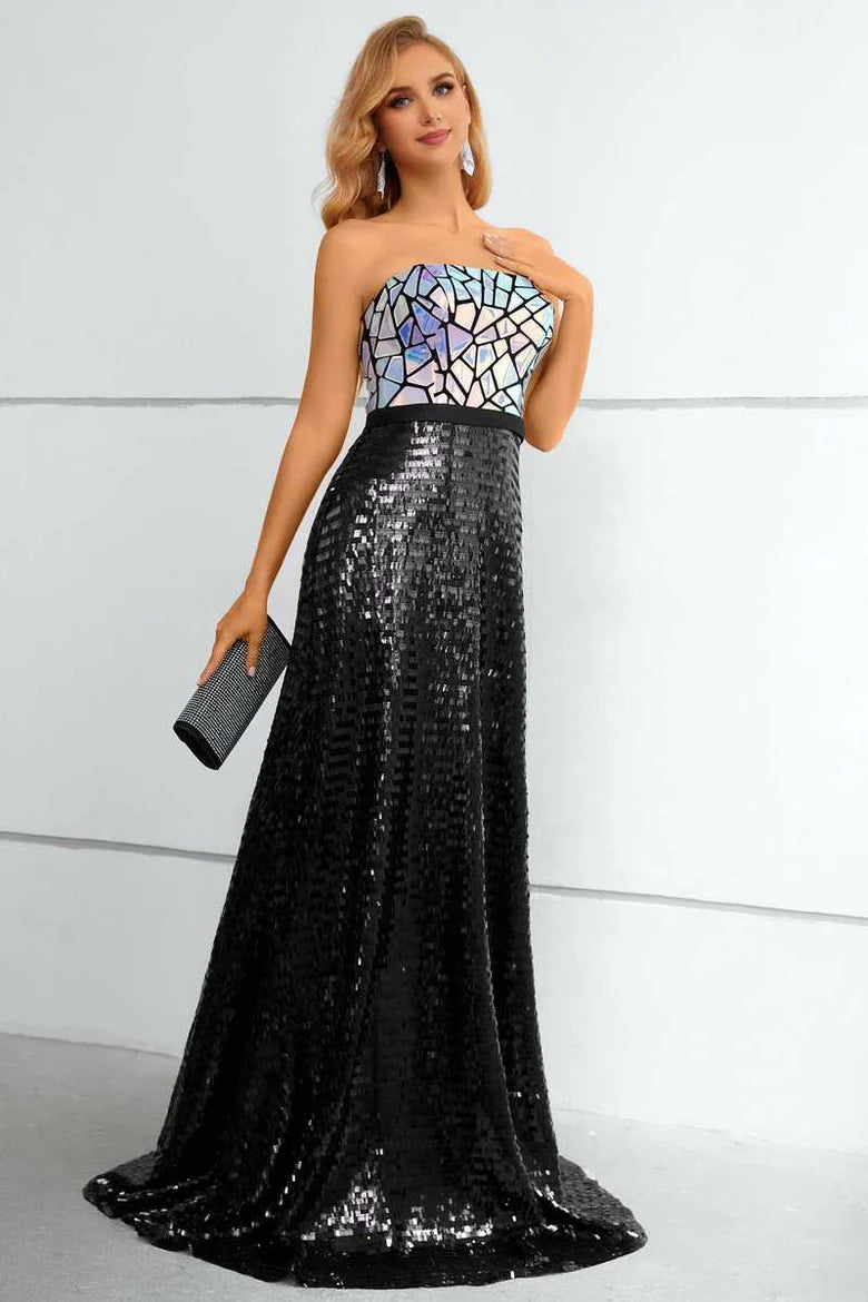 Iridescent Sequin Strapless A-Line Prom Dress