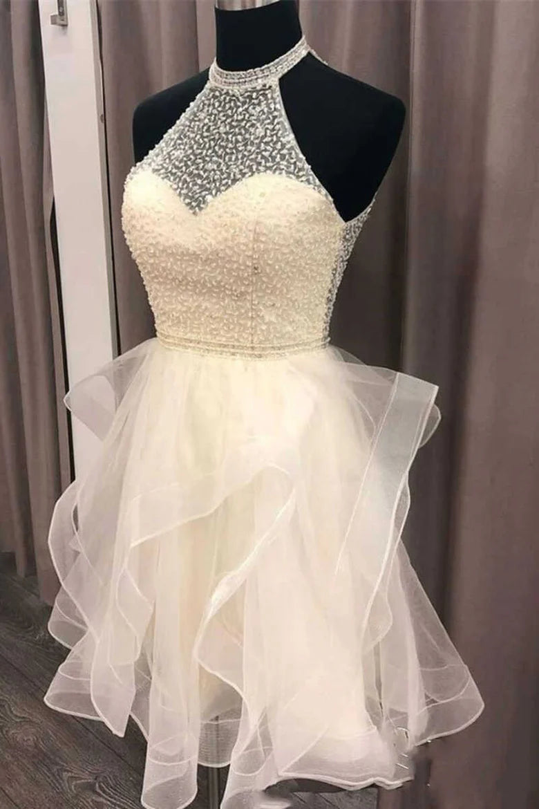 Ivory Halter Keyhole Back Multi-Tiered Short Party Dress