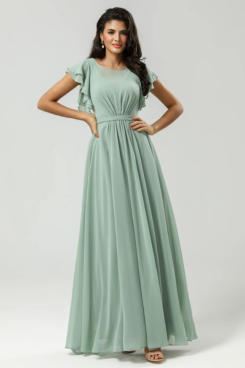Matcha A Line Round Neck Ruched Floor Length Chiffon Bridesmaid Dress