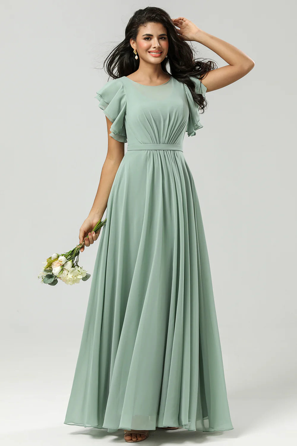 Matcha A Line Round Neck Ruched Floor Length Chiffon Bridesmaid Dress
