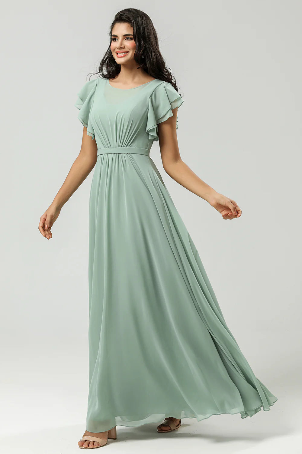 Matcha A Line Round Neck Ruched Floor Length Chiffon Bridesmaid Dress