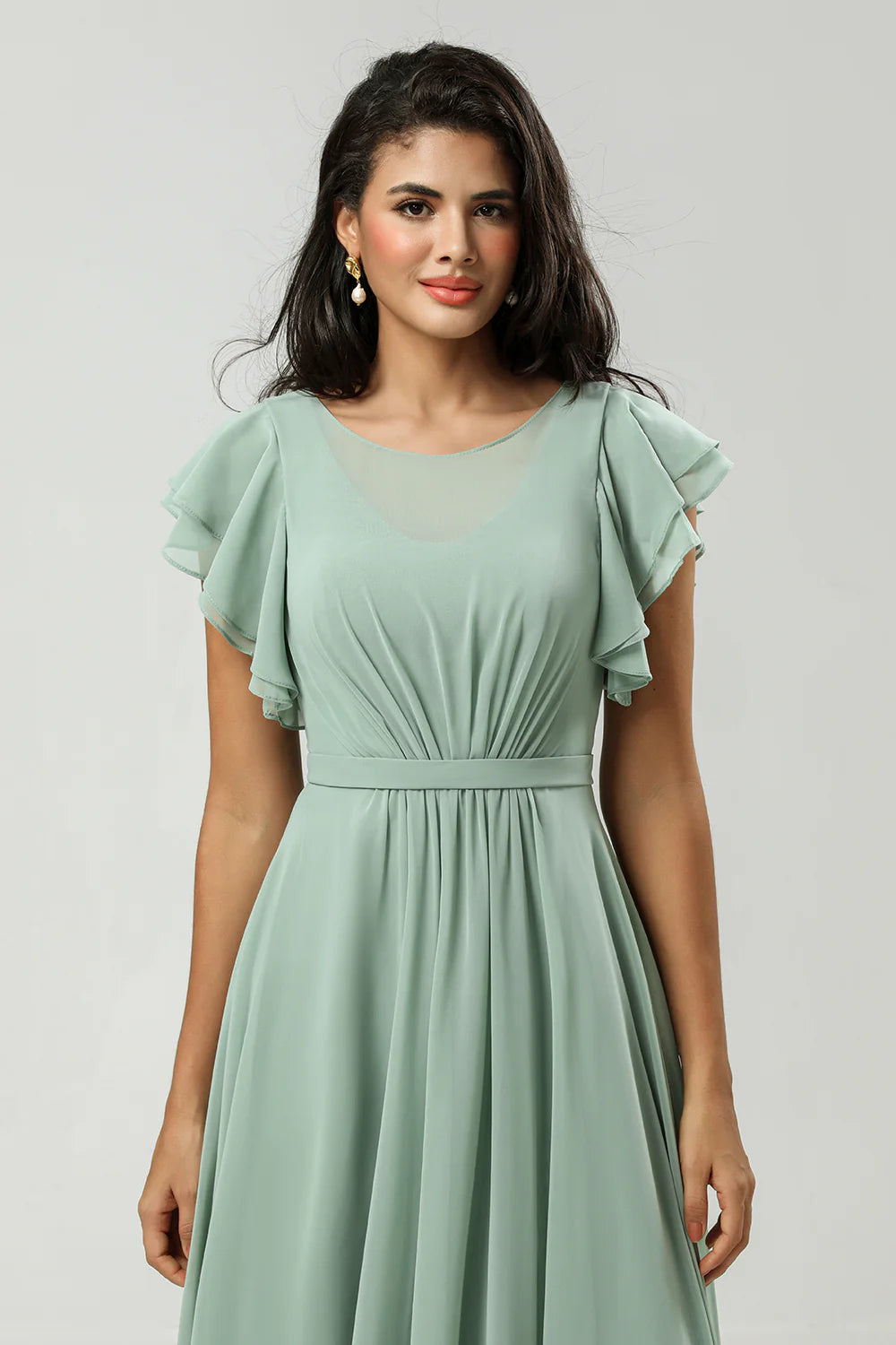 Matcha A Line Round Neck Ruched Floor Length Chiffon Bridesmaid Dress