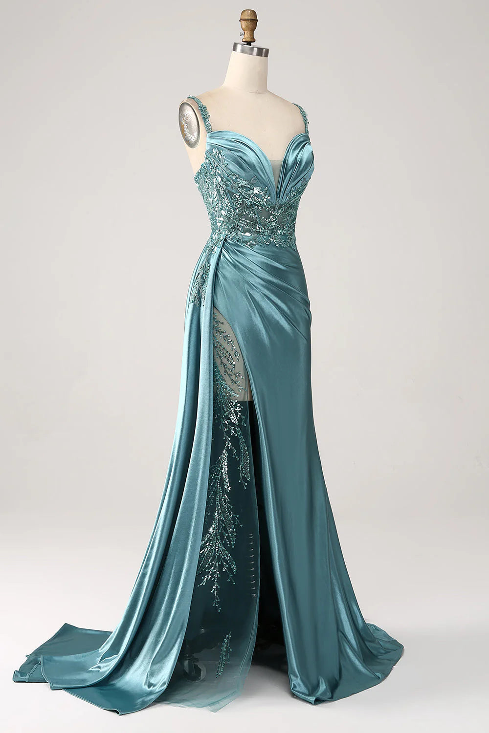 Shining mermaid side fringe tight corset satin ball skirt with slit