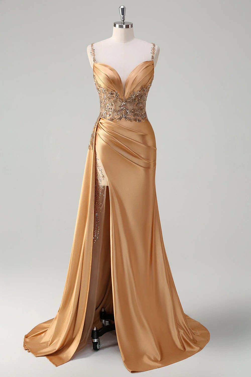 Shining mermaid side fringe tight corset satin ball skirt with slit