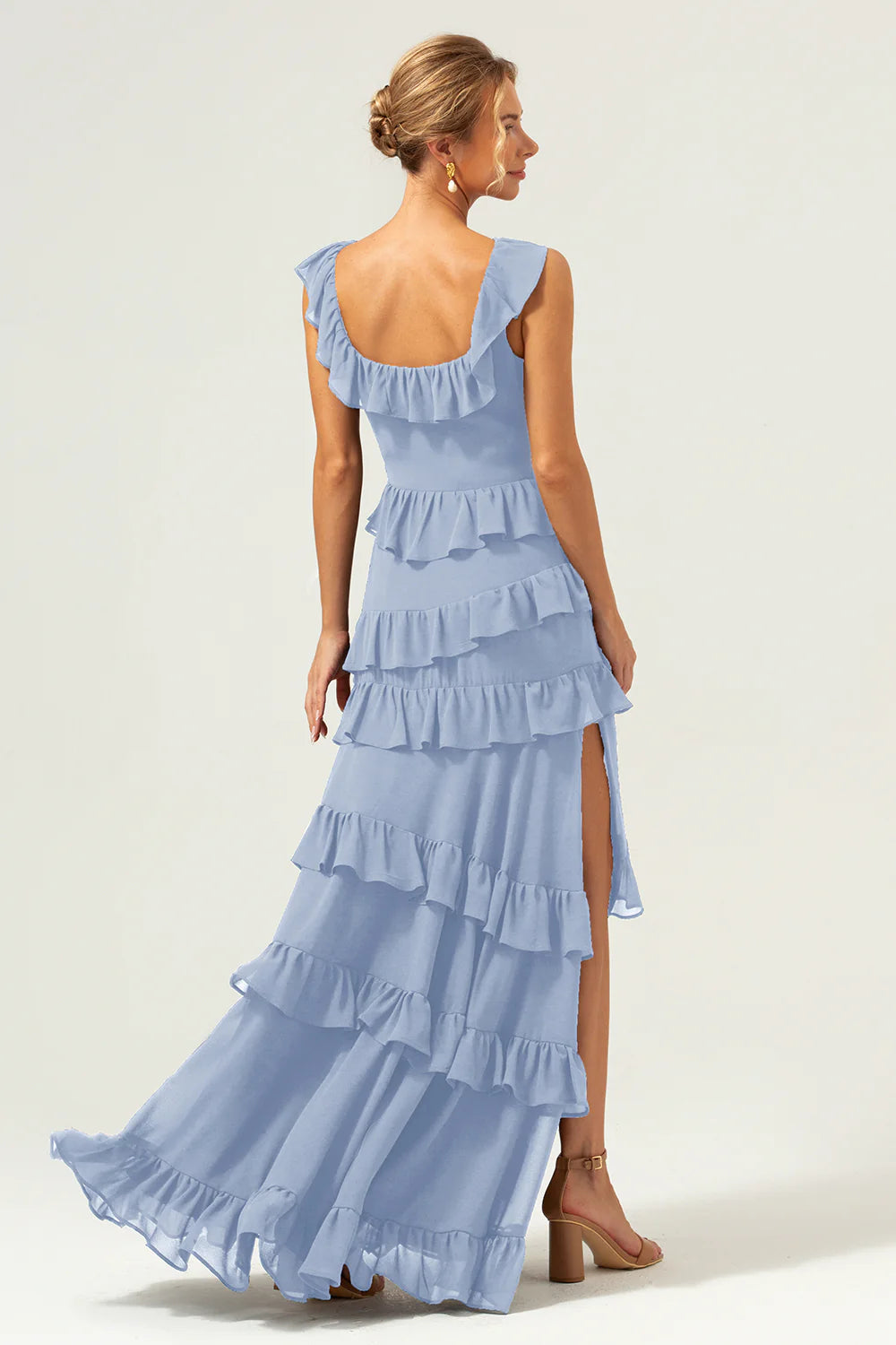 Dark Navy A-Line Square Neck Tiered Long Bridesmaid Dress
