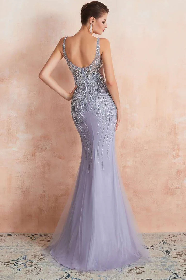 Lavender Round-Neck Sleeveless Mermaid Dress with Beading