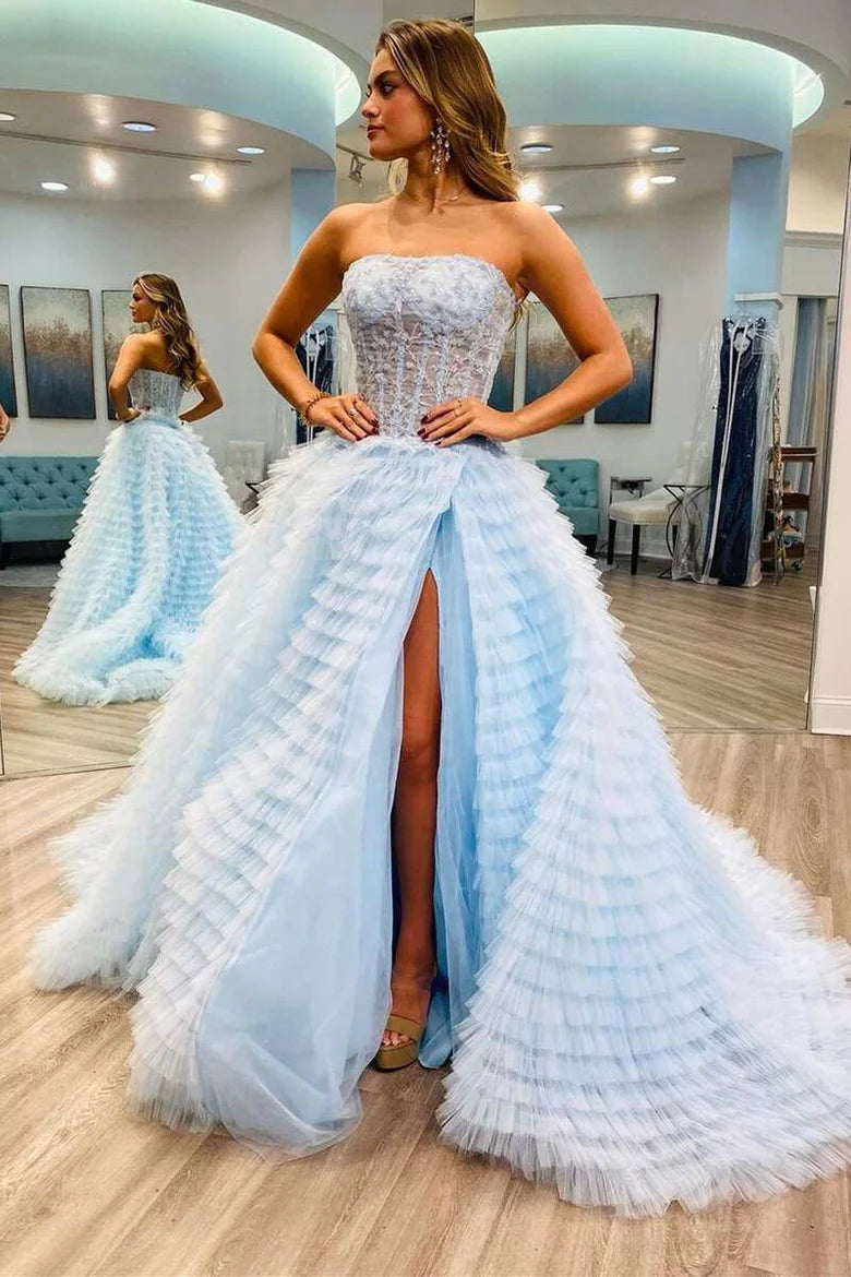 Layered strapless A-line slit ball gown