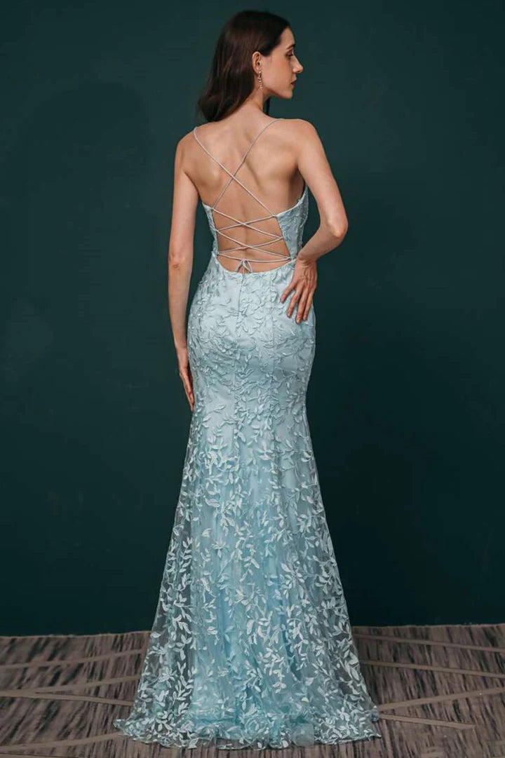 Light Blue Applique Lace Mermaid Dress