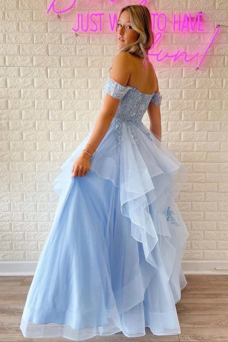 Light Blue Lace Off-the-Shoulder A-Line Tiered Prom Dress
