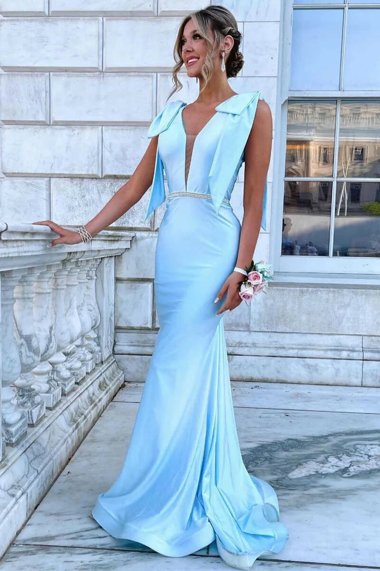 Light Blue Plunge Neck Backless Mermaid Long Formal Dress