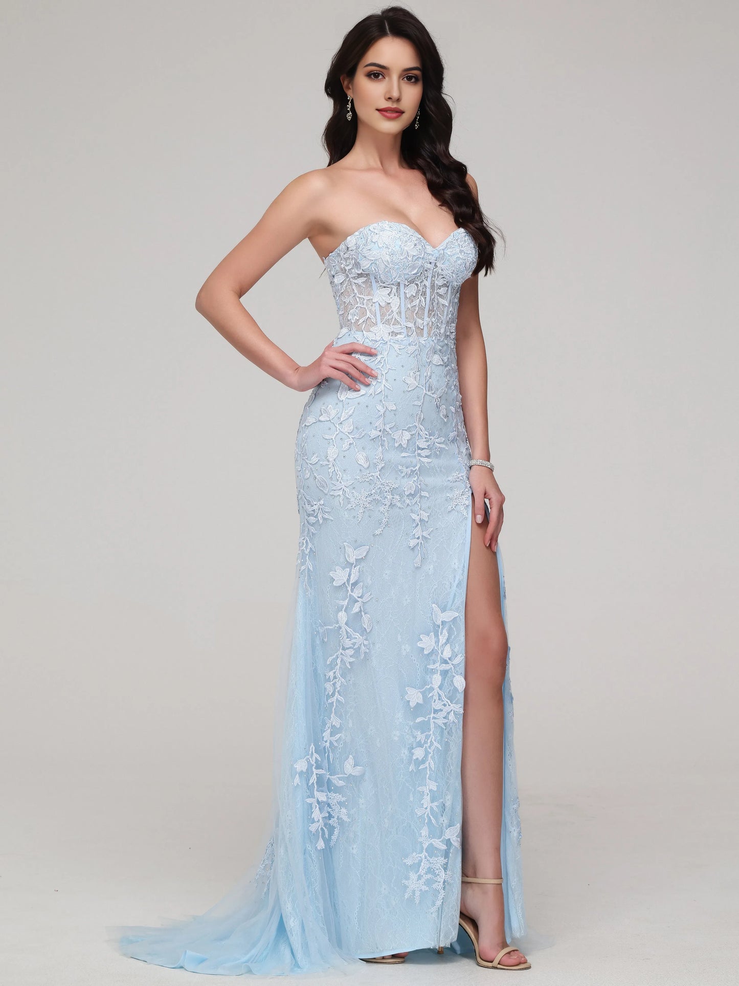 Light Blue Strapless Mermaid Sweetheart Lace Appliques Prom Dress with Slit with Floral Sheer Corset Detailing and High Side Slit