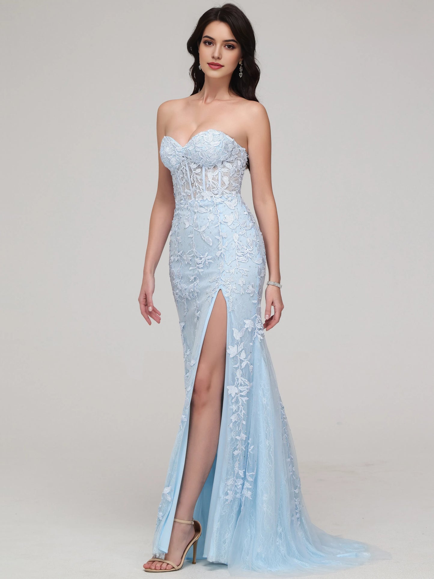 Light Blue Strapless Mermaid Sweetheart Lace Appliques Prom Dress with Slit with Floral Sheer Corset Detailing and High Side Slit