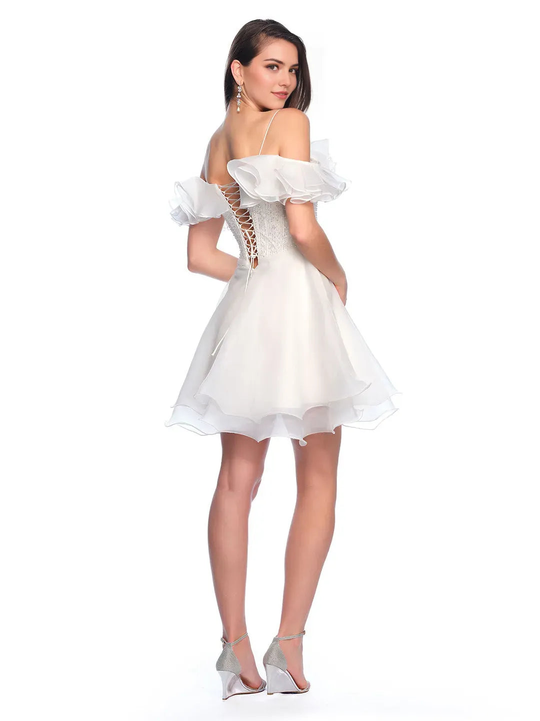Luxury A-Line Sequins Off the shoulder ruffled sleeves Lace-up back back Short flounce Homecoming Dress for women hot sale