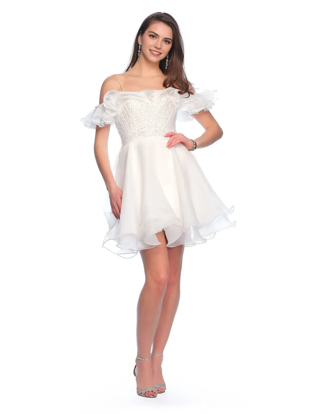 Luxury A-Line Sequins Off the shoulder ruffled sleeves Lace-up back back Short flounce Homecoming Dress for women hot sale