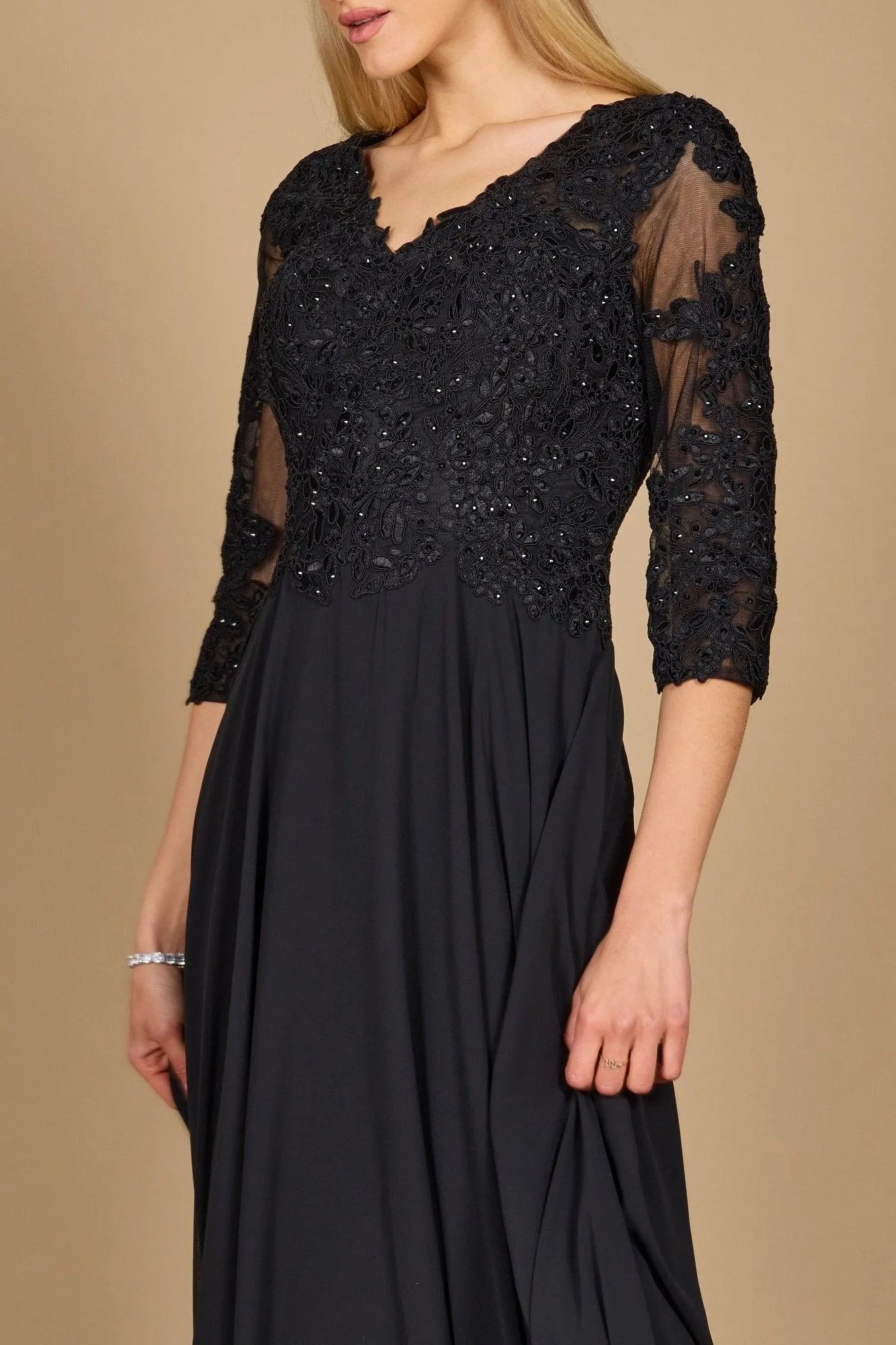 Luxury Black Sheath Lace V Neck Three-Quarter Sleeve Back Zip Ankle-Length Mother of the Bride Dress ready to ship