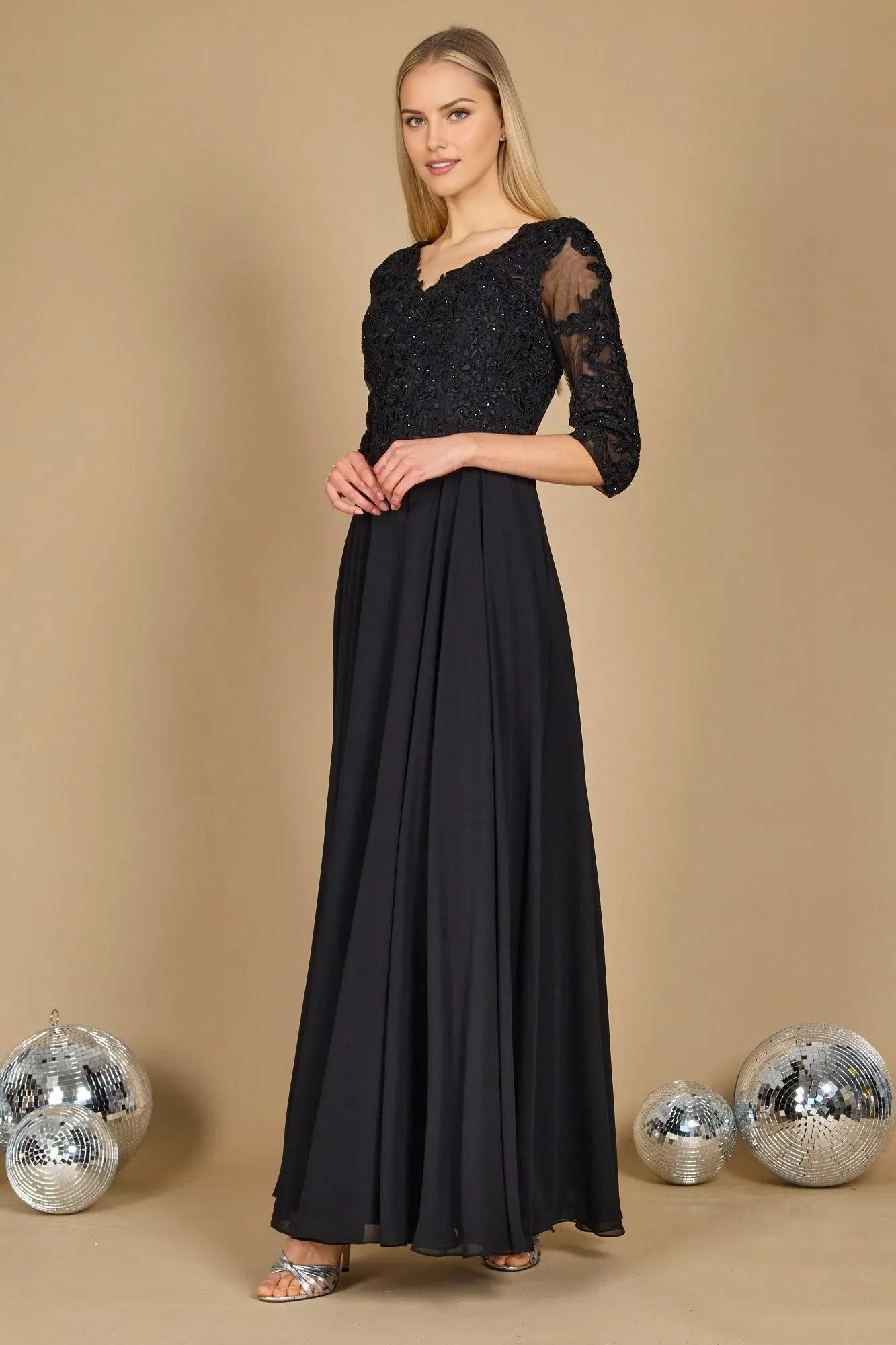 Luxury Black Sheath Lace V Neck Three-Quarter Sleeve Back Zip Ankle-Length Mother of the Bride Dress ready to ship