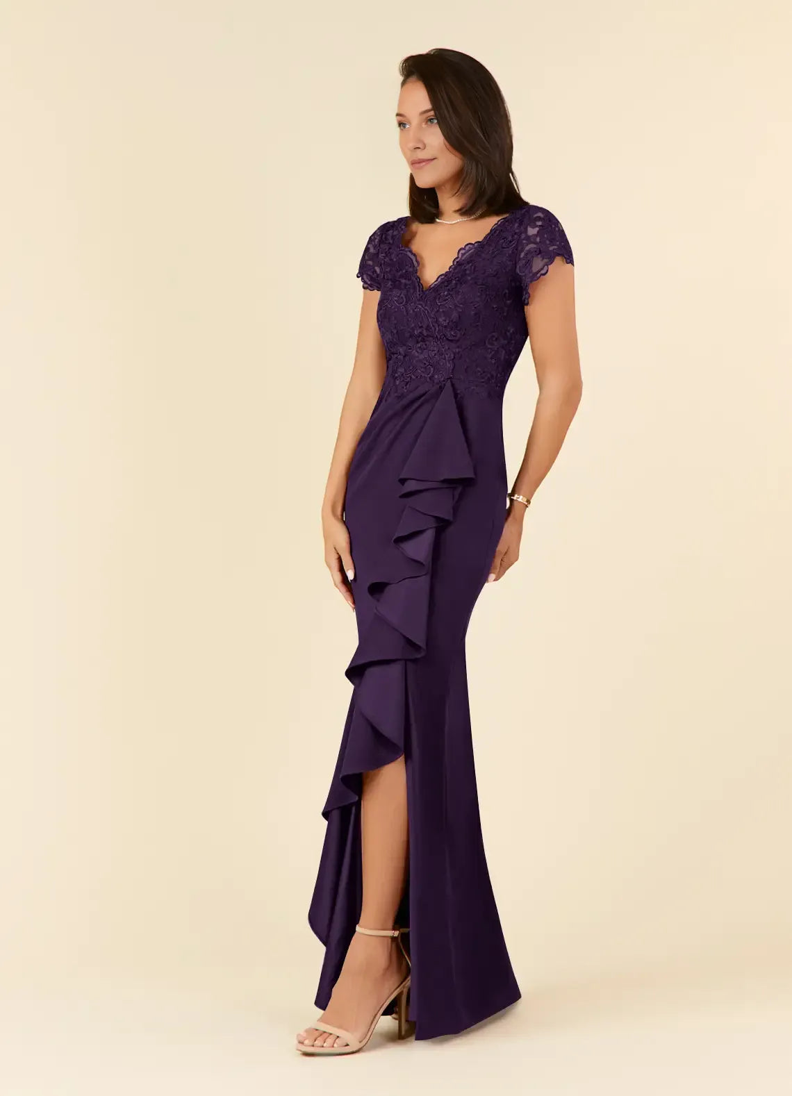 Luxury Sheath V-Neck Cap Sleeves Illusion Back Zip Floor-Length Side Leg Slit Mother of the Bride Dress for women hot sale