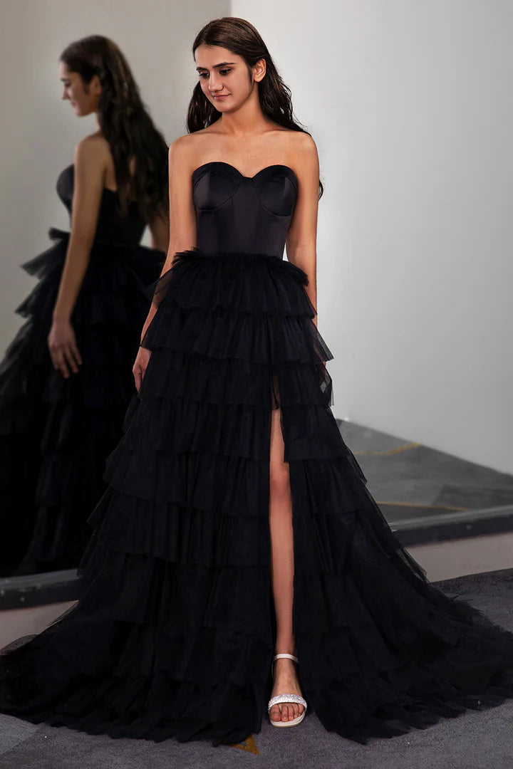 Strapless waist cinching cake skirt side slit long skirt mopping the floor