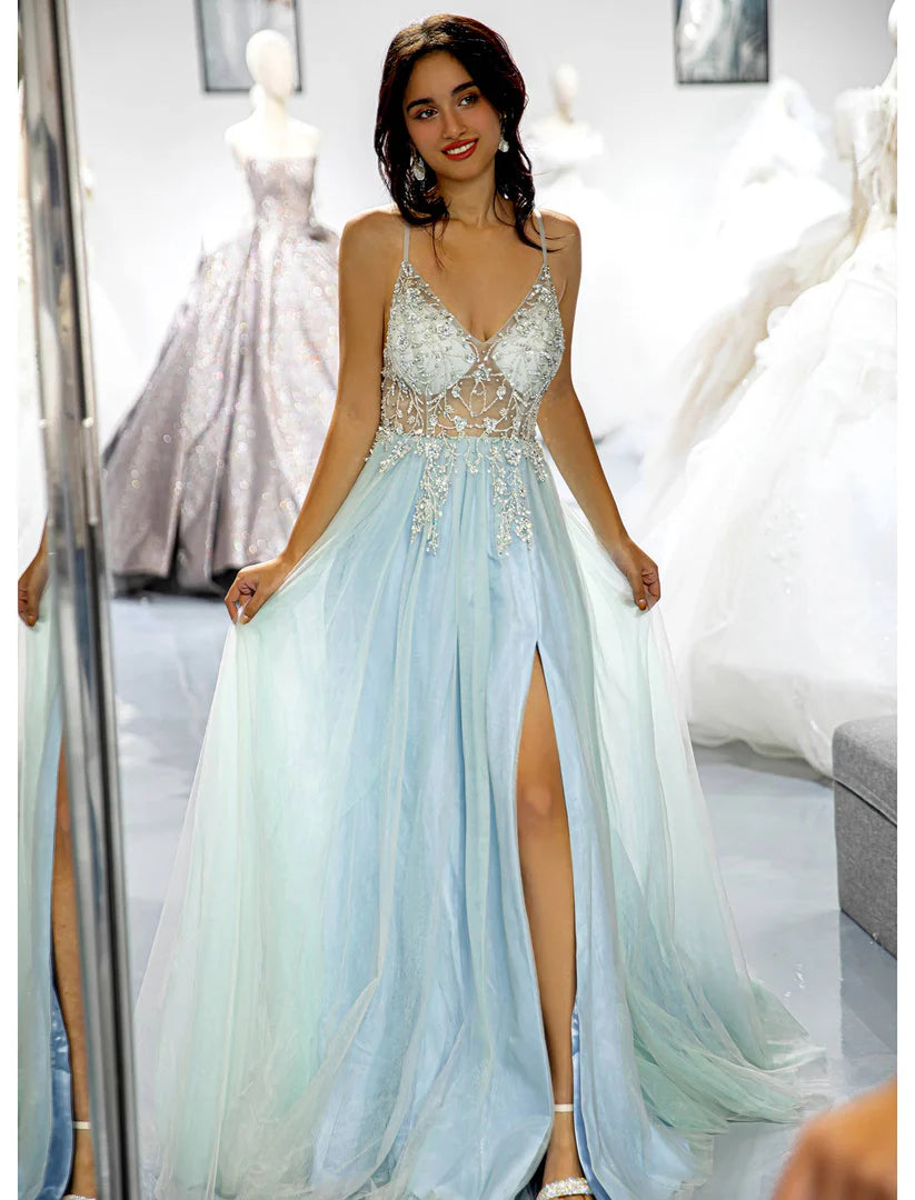 Deep V-thin camisole backless bright blue bead split ball gown