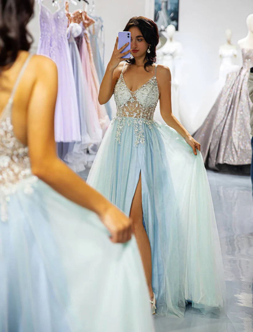 Deep V-thin camisole backless bright blue bead split ball gown