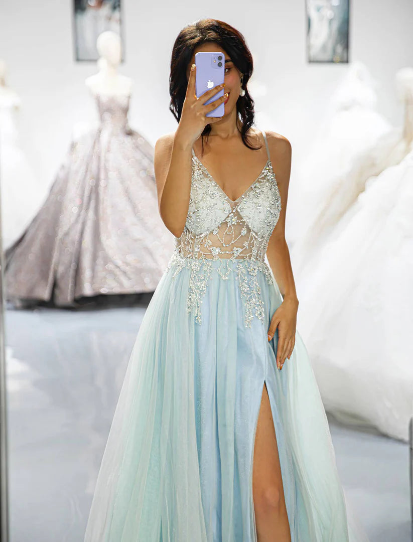 Deep V-thin camisole backless bright blue bead split ball gown