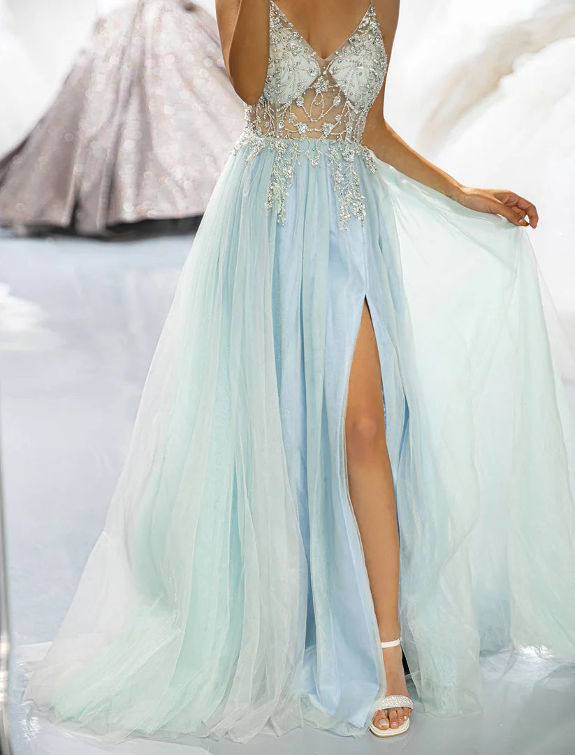 Deep V-thin camisole backless bright blue bead split ball gown