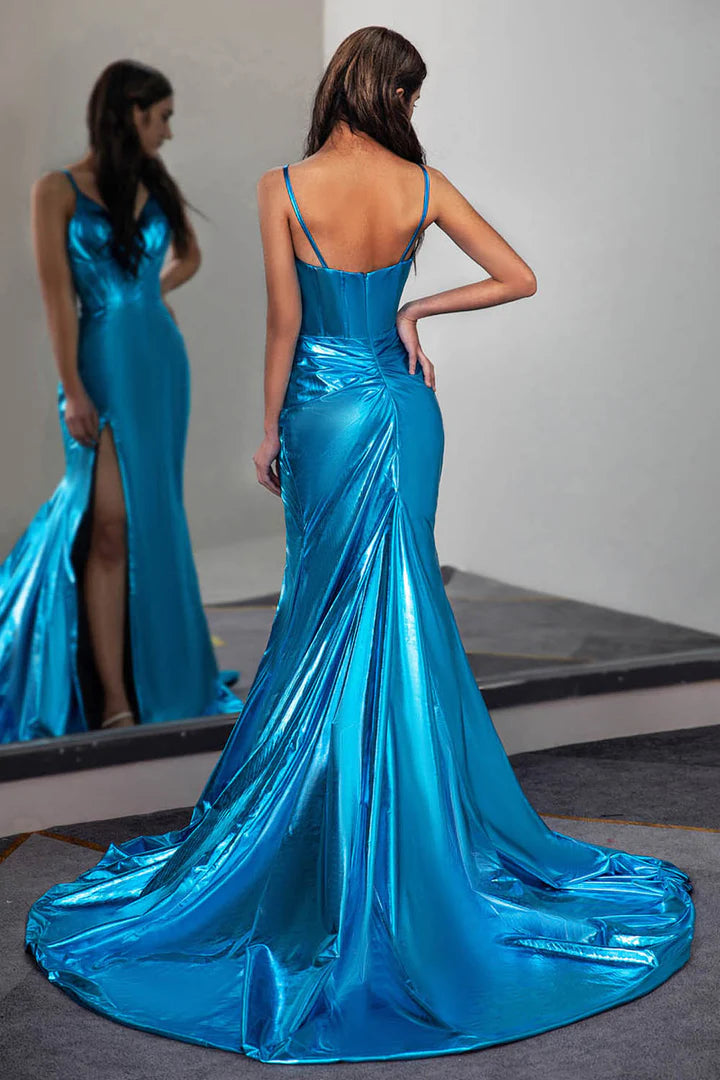 Deep V-strap satin side slit ballroom high waisted dress