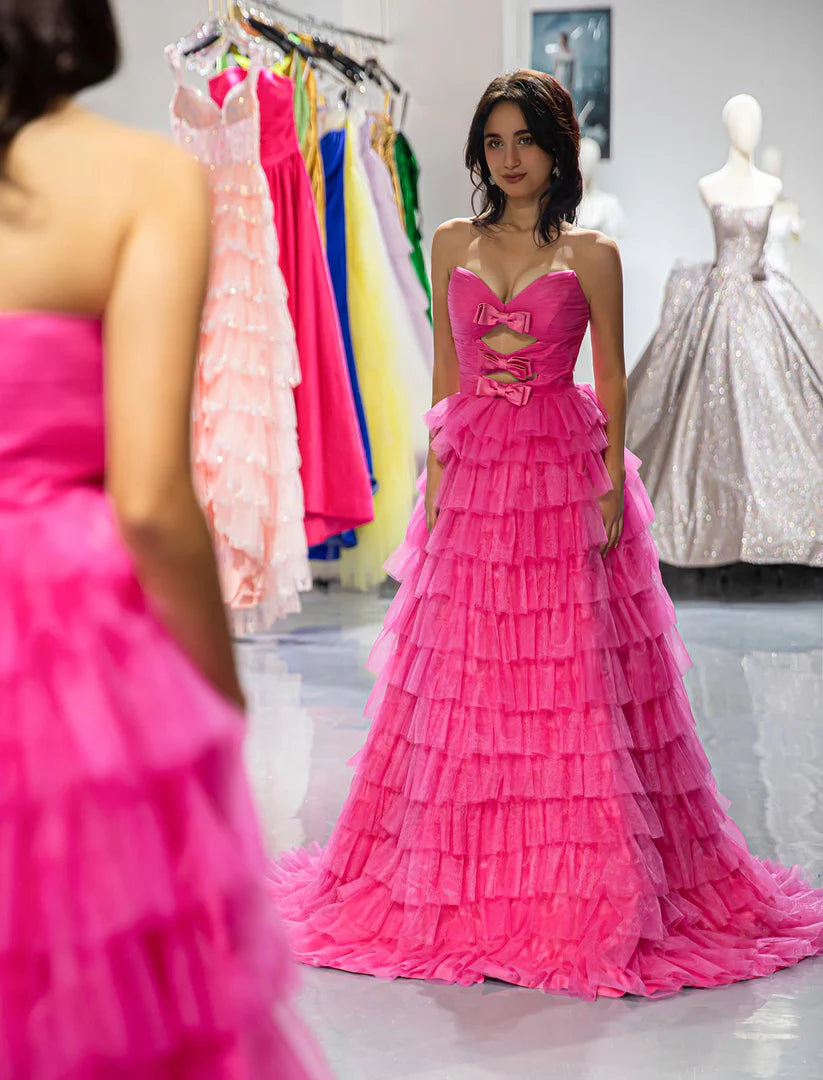 Sweet pink strapless strapless strapless bow ball dress